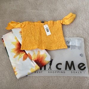 Off Shoulder Print Ruffle Top/Thigh Slit Skirt Set